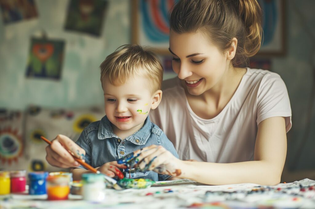 ai generated image of a mother and son being creative together